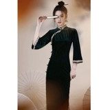 Демисезонное ципао, элитный черный бархатный лонгслив, платье, коллекция 2023