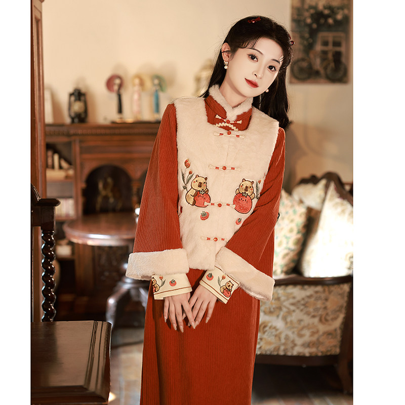 Winter qipao 2023 new autumn and winter long sleeves Thickened Warm Horse Chia Suit Cute Beiyen-fu woman Dowsuit-Taobao