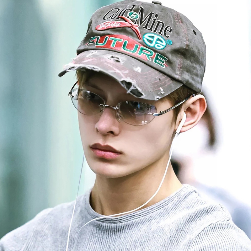 Cortis Zhao Yufan's Same Style Fashionable Oval Rimless Glasses for Men and Women, Retro Y2K Mercury-Colored Concave Shape Sunglasses