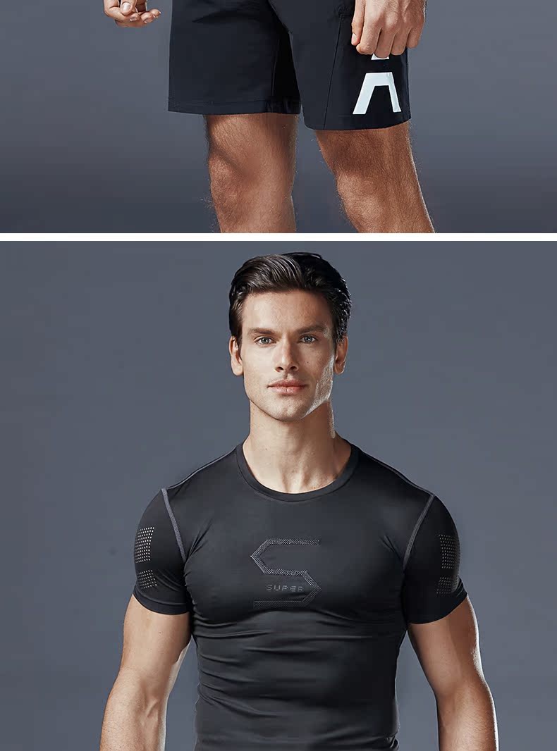 Thể dục phù hợp với nam giới mùa xuân và mùa hè ngắn tay T-Shirt thể thao khô nhanh vớ phòng tập thể dục chạy quần short đào tạo quần áo quần áo gym nam