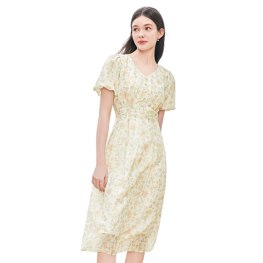 Betu women's clothing 2025 summer new high-waist printed dress women's V-neck floral skirt mid-length skirt