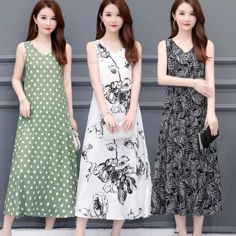 Mother 2021 large size women's summer chiffon dress printed beach super fairy dress Joker camisole skirt