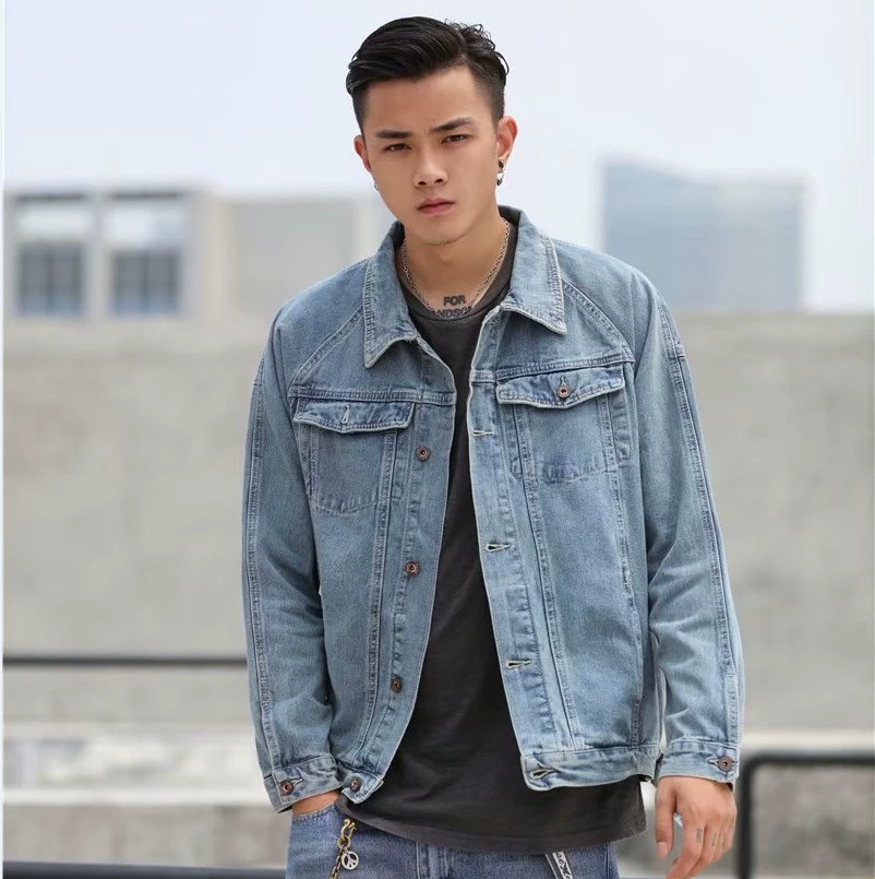 Áo khoác nam denim thời thượng Phiên bản Hàn Quốc theo xu hướng màu rắn đôi áo khoác denim lưới đỏ bf phong cách Hồng Kông đơn giản áo khoác nam văn học bằng gỗ - Cực lớn