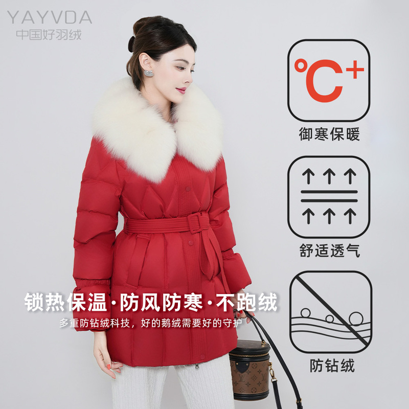 2025 New Mid-Length Duck down Jacket with Real Fox Fur Collar, Durable, Fleece-Lined, Thickened, Slim-Fit down Jacket