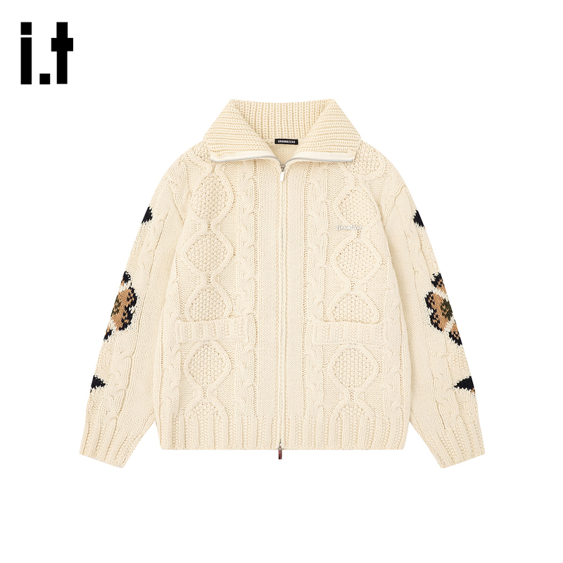 It: Groundzero Retro Four-Leaf Clover Jacquard Twisted Knit Sweater Women's Autumn and Winter Navy Collar Cardigan Jacket