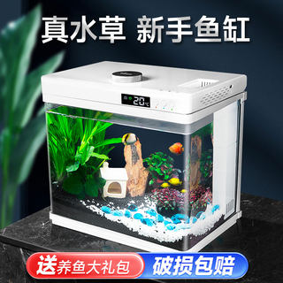 Small Living Room Ecological Fish Tank, Ultra-Clear Glass Goldfish and Turtle Tank, Landscaping Fish Tank, Oxygenation and Filtration All-In-One Machine