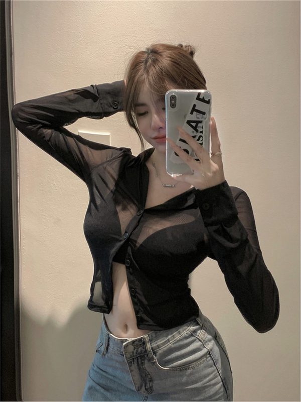 Black Mesh Shirt, Sexy Thin Sun Protection Shirt for Women, New Summer Style, Pure Desire, Versatile, Slimming Short Top Black Mesh Shirt, Sexy Thin Sun Protection Shirt for Women, New Summer Style, Pure Desire, Versatile, Slimming Short Top