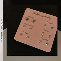(PO NY)b79 simple fashion mini set earrings girl silver love color color love star feather earrings