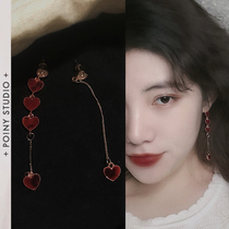 (PO NY) vintage velvet Asymmetric love long face thin red New Year earrings ear clip 925 sterling silver