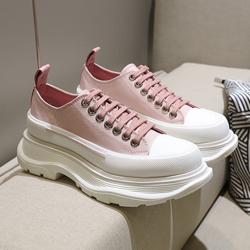 Women's Thick-Soled Canvas Shoes, Spring Casual Platform Height-Increasing White Sneakers, Low-Top Versatile Pink Sports Dad Shoes, Trendy