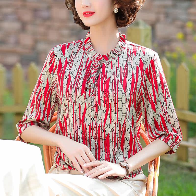 Short-sleeved t-shirt women's 2021 new middle-aged mother T-shirt summer t-shirt casual design short chiffon top women's