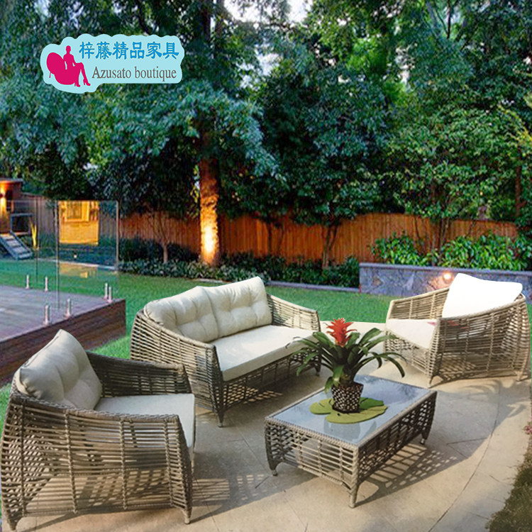 Outdoor Rattan Sofa Balcony Open-air Rattan Chair Tea Table Combo Hotel Guest Sofa Patio courtyard Café Chair