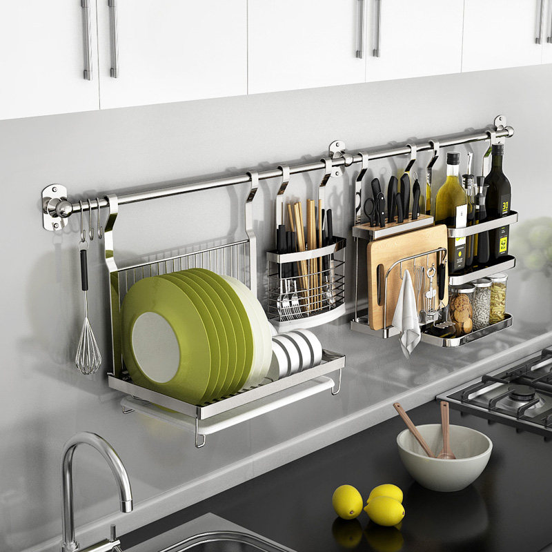 Stainless steel kitchen rack wall-mounted storage supplies household accessories bowl chopsticks knife holder pendant hanging rack