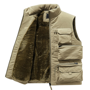 Men's vest autumn and winter multi-pocket work vest plus velvet thickened casual warm vest jacket men's sleeveless vest