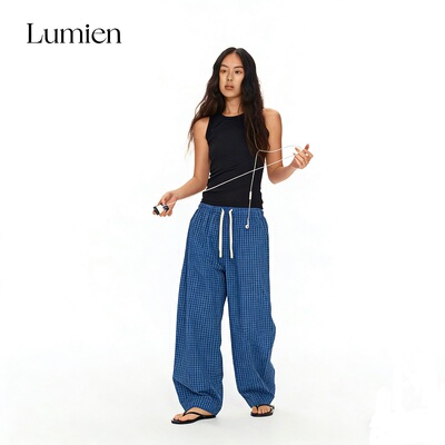 LUMIEN 慵懒风复古蓝格宽松显瘦抽绳休闲裤女春季新款阔腿长裤子