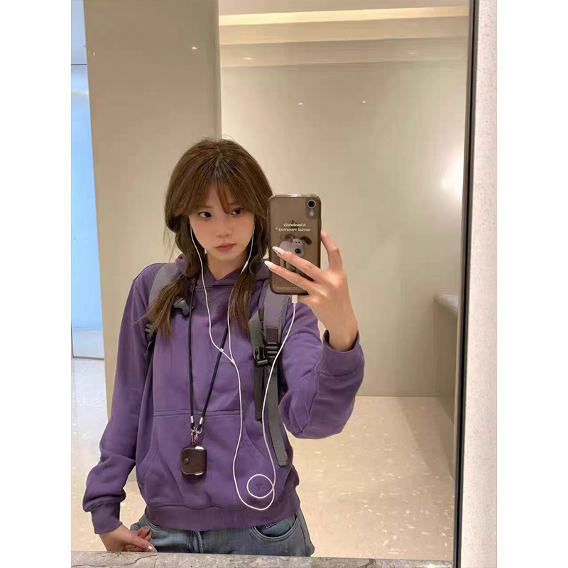 American-Style Street Fashion Short Purple Hooded Sweatshirt for Women, Autumn Spicy Girl Style, Solid Color Slightly Loose Hoodie Jacket Trendy Top American-Style Street Fashion Short Purple Hooded Sweatshirt for Women, Autumn Spicy Girl Style, Solid Color Slightly Loose Hoodie Jacket Trendy Top