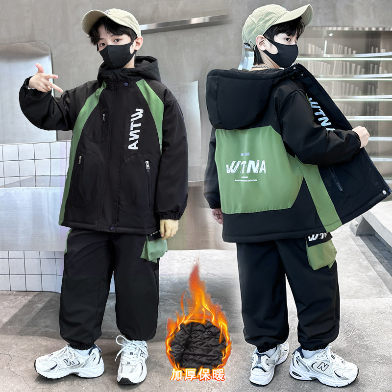 Детский бархатный костюм плюс размер, осенне-зимняя одежда для мальчиков, новинка 2025 года, утепленный весенне-осенний красивый спортивный костюм-двойка для больших детей