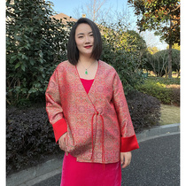 Yang Mi’s same new Chinese style 100% mulberry silk Song brocade red coat with long regular script and Bada halo deep V top
