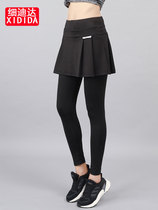 Spring and autumn quick-drying fitness pants female fake two-piece yoga running dance jumping exercise elastic tight high-waist nine-point trouser skirt