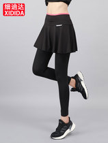 Spring and autumn sports trousers skirt womens quick-drying fake two-piece badminton fitness yoga jumping exercise running tight nine-point pants skirt
