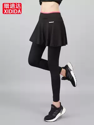 Spring and autumn sports trousers skirt women's quick-drying fake two-piece badminton fitness yoga jumping exercise running tight nine-point pants skirt
