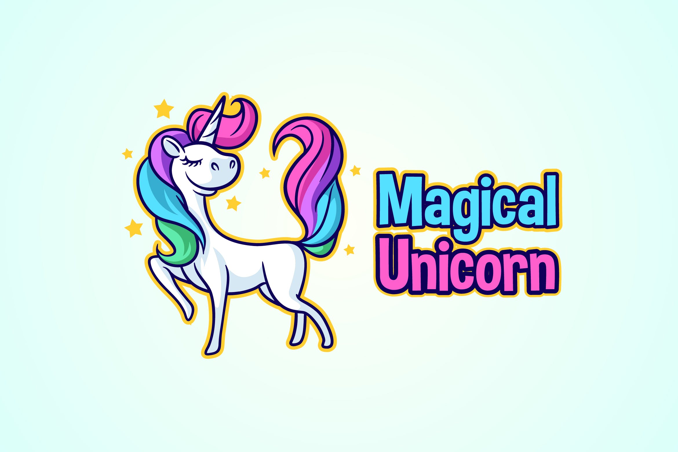 神奇独角兽卡通吉祥物Logo标志设计模板 Magical Unicorn Character Mascot Logo