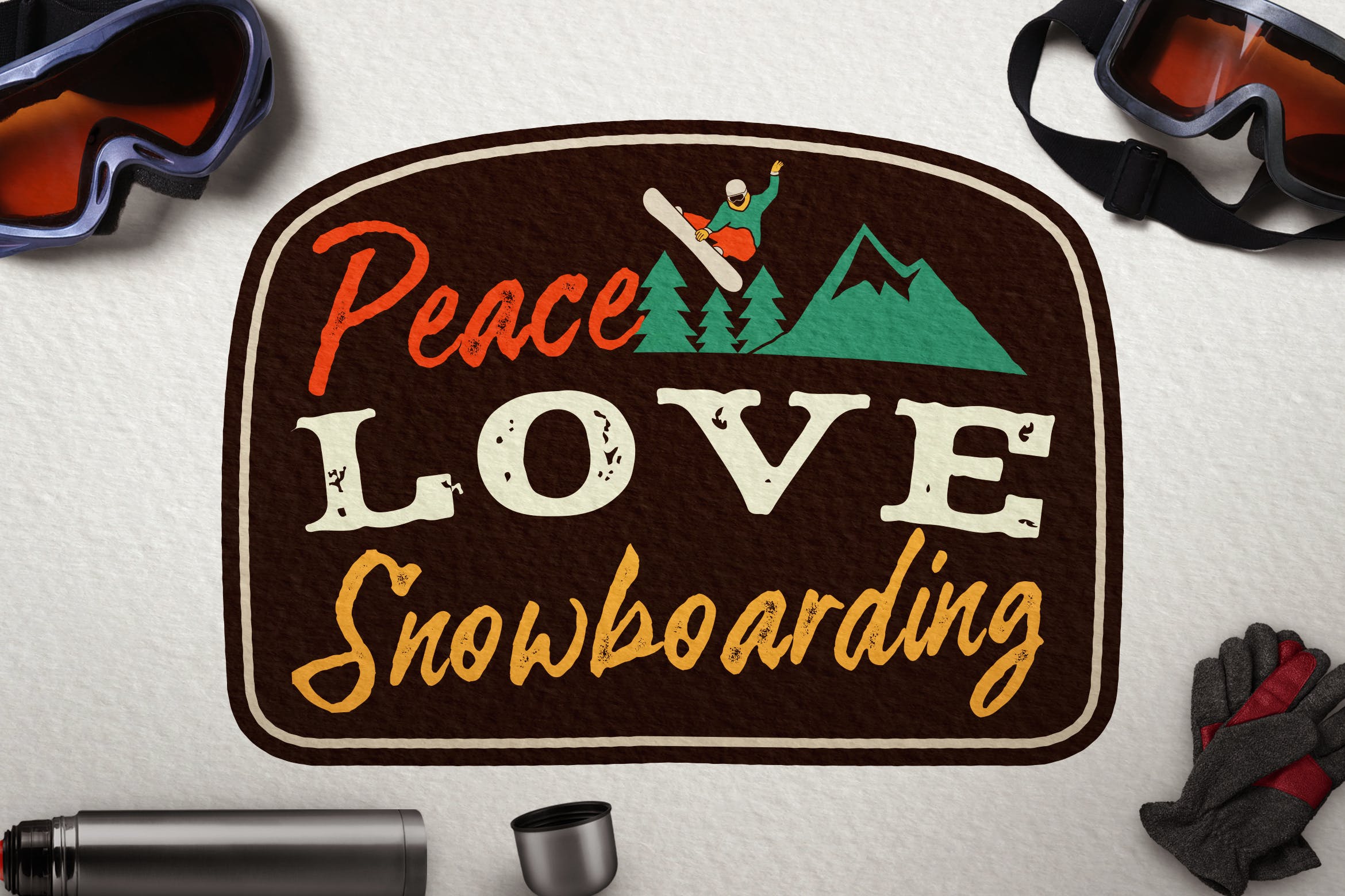 复古风滑雪板品牌徽章Logo设计模板 Snowboarding Badge, Vintage Winter Logo Patch