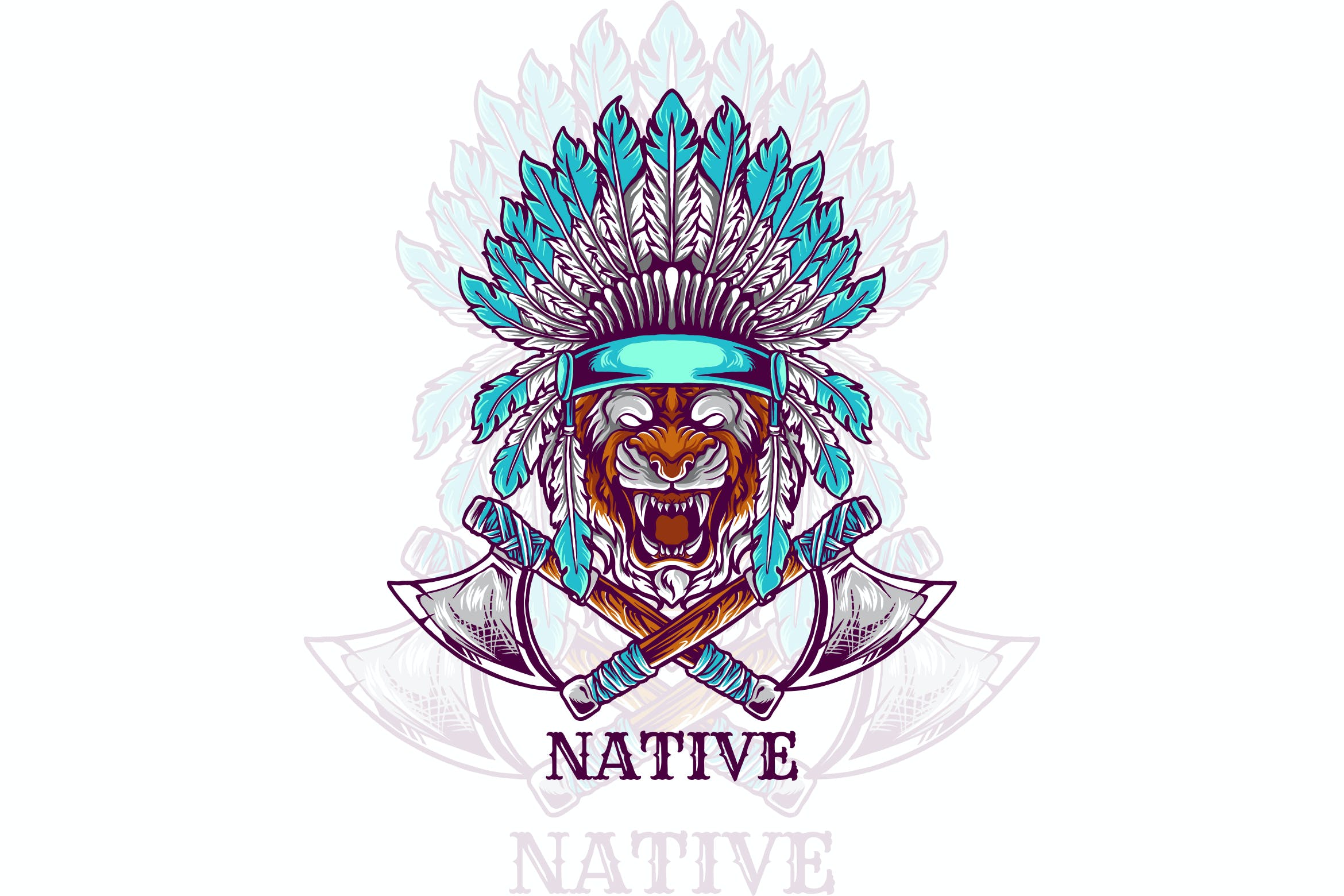 印第安羽冠老虎动物头部插画 tiger head indian native illustration