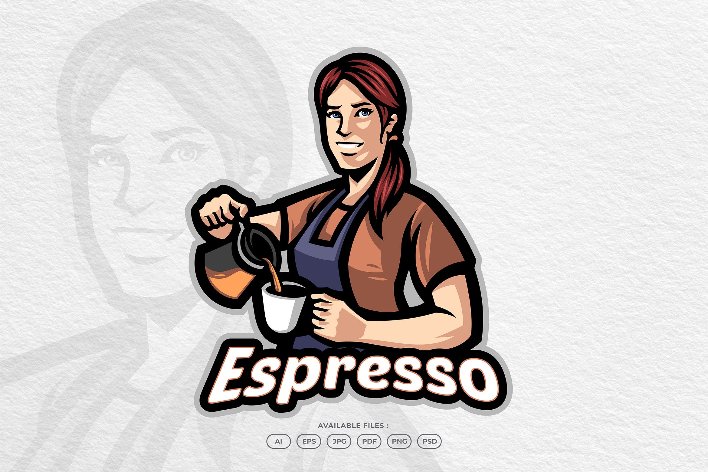 女性咖啡师人物Logo设计模板 Happy Woman Barista Preparing Coffee Drink in Cafe