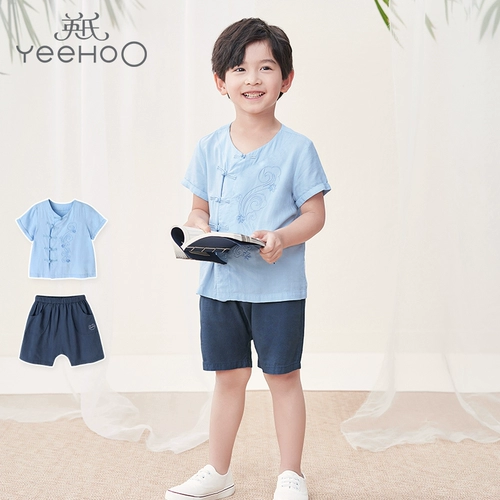 Детское ханьфу, костюм мальчика цветочника, комбинезон, штаны, летняя одежда, детская одежда, из хлопка и льна, китайский стиль