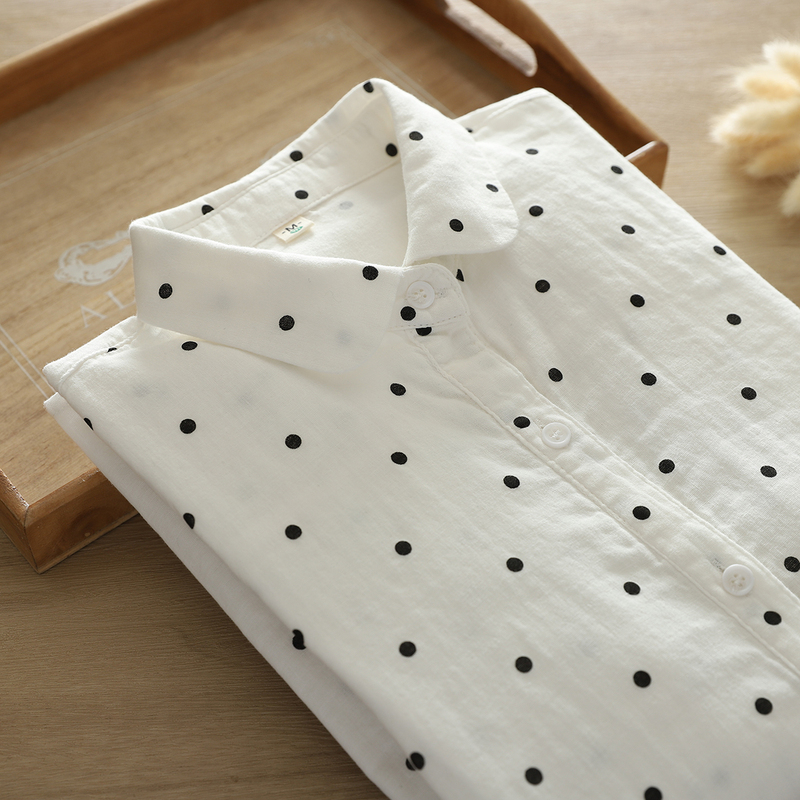 Spring New Style Fresh and Artistic All-Cotton Double-Layer Cotton Gauze Shirt for Women, Long-Sleeved, Soft and Comfortable, Polka Dot Print Shirt