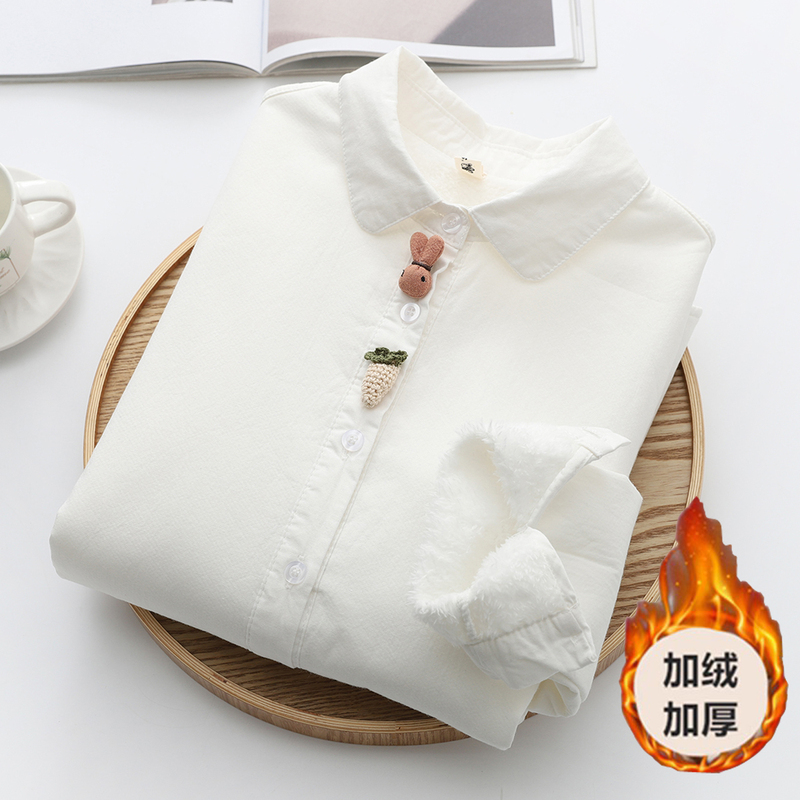 Three-Dimensional Decorative Rabbit Fleece-Lined Thickened Pure Cotton White Shirt for Women, Long-Sleeved, Student Style, Artistic, Cute, Warm Base Shirt Three-Dimensional Decorative Rabbit Fleece-Lined Thickened Pure Cotton White Shirt for Women, Long-Sleeved, Student Style, Artistic, Cute, Warm Base Shirt