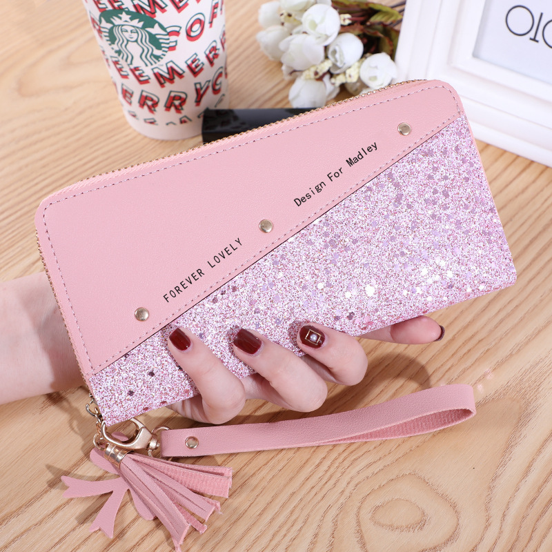 New Long Wallet Korean Style Patchwork Contrasting Color Tassel Versatile Card Holder Wallet