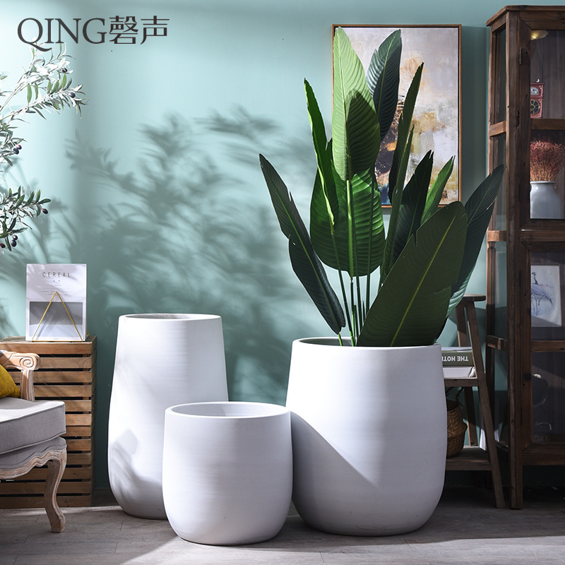 Nordic white ceramic vase of large diameter cylinder flowerpot courtyard flower arranging dried flowers sitting room put green plant adornment furnishing articles