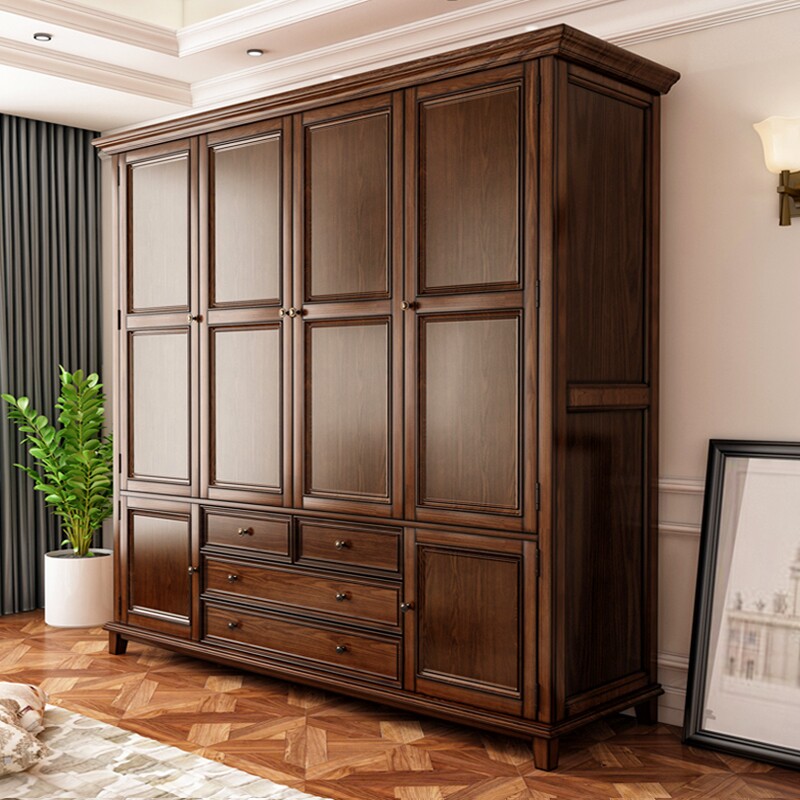 American solid wood wardrobe Household bedroom 2 three-door small apartment 4 four-door large wardrobe Wooden cabinet storage cabinet fish furniture