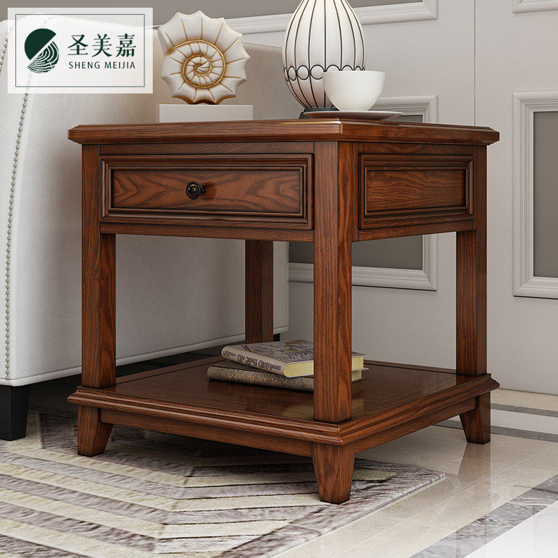 American solid wood square tea table double layer with drawer small tea table mini sofa side cabinet bed head cabinet phone few corner a few tea tables