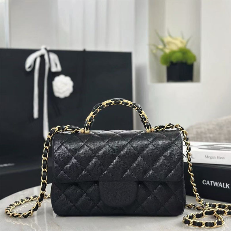 25B New Original Caviar Handle Cflap Large Mini Bag Black Gold Retro Hollow Handbag Chain Women's Bag