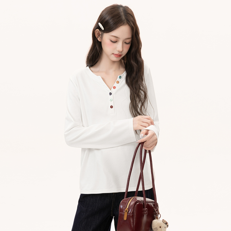 Tinwei Lab White V-Neck Long-Sleeve T-Shirt for Women, Autumn Loose Design, Regular Shoulder Base Layer Top for Outerwear