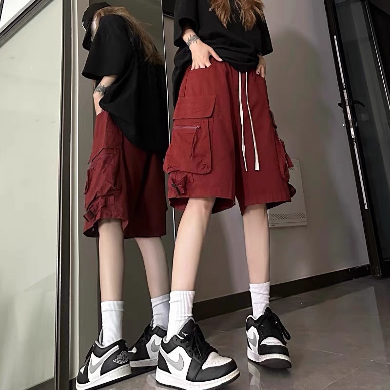 Pure Cotton Burgundy Workwear Multi-Pocket Shorts for Men and Women, Summer American High Street Vibe Style, Hip-Hop Casual Five-Point Shorts