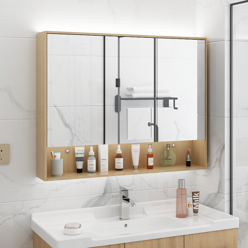 Log color bathroom mirror cabinet separate wall-mounted bathroom mirror cabinet with shelf light toilet mirror box toilet