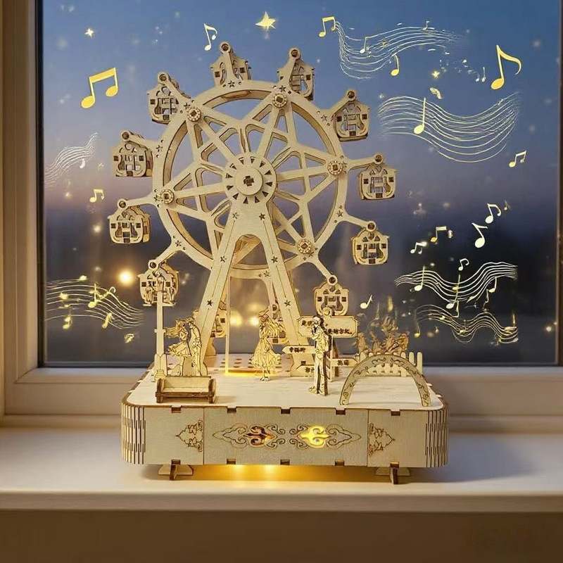 Ferris Wheel Music Box DIY Wooden Assembly Model with Wind-Up Mechanism, Lights, and Rotating Music Box, Christmas Gift Ferris Wheel Music Box DIY Wooden Assembly Model with Wind-Up Mechanism, Lights, and Rotating Music Box, Christmas Gift
