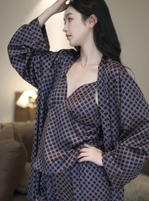 Authentic Goods Shipped! French-Style High-End Plaid Pajamas, Long-Sleeved Long Pants, Nightgown, Robe, Women's Loungewear Set