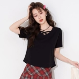 Летняя хлопковая короткая тонкая модная футболка с коротким рукавом, V-образный вырез, подходит для подростков, облегающий крой