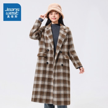 GC真维斯女装冬洋气长款复古格子毛呢外套2025春季新款设计感衣服