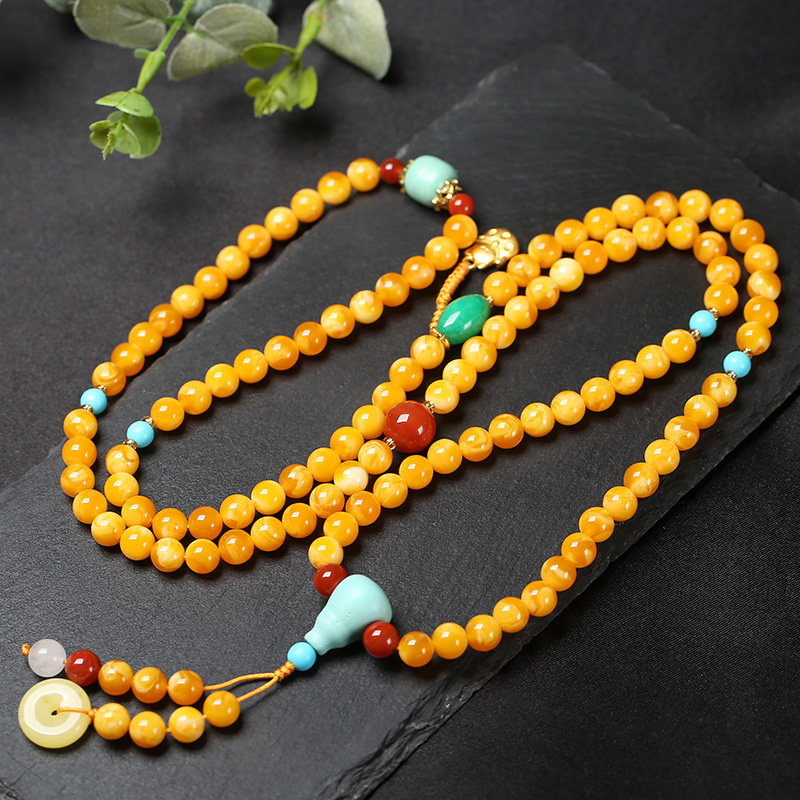 Original natural amber beeswax chicken oil yellow 108 bracelets multi-circle necklace raw ore old beeswax bracelet beads