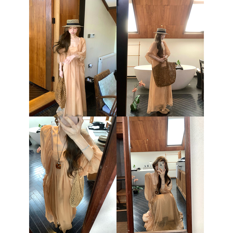 Xxiiuu【Amber Flow】Cool and Refreshing Square-Neck Puff Sleeve Pearlescent Dress for Women, Summer Elegant Dress Xxiiuu【Amber Flow】Cool and Refreshing Square-Neck Puff Sleeve Pearlescent Dress for Women, Summer Elegant Dress