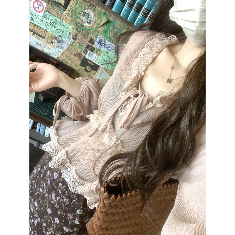 Xxiiuu Lace Aesthetics Summer New Lace Trim Semi-Sheer Blouse Base Shirt Loose Slimming Long Sleeve Top Xxiiuu Lace Aesthetics Summer New Lace Trim Semi-Sheer Blouse Base Shirt Loose Slimming Long Sleeve Top