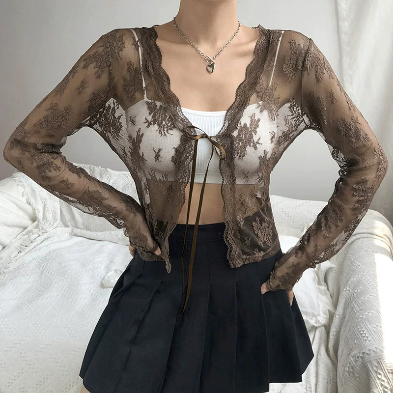 Solid Color LACE MESH CANG-SLEEVED TOP Gyeenal Cracker