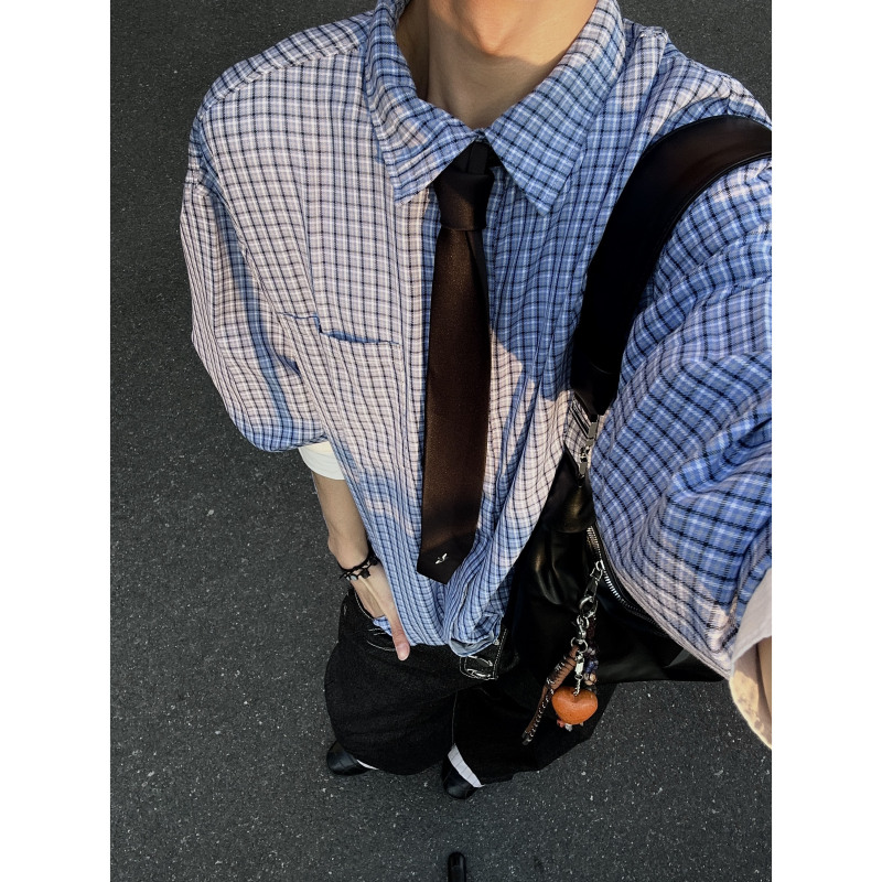 Spring and Summer Neutral Solid Color Design Long-Sleeved Plaid Shirt Spring and Summer Neutral Solid Color Design Long-Sleeved Plaid Shirt
