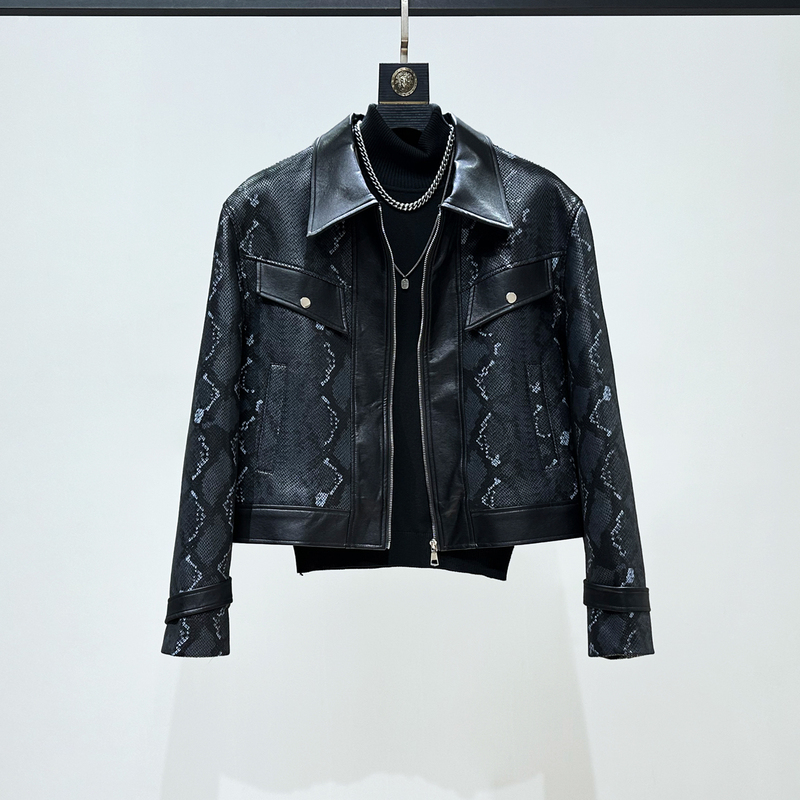 Jiajia Original High-End Dark Snake Pattern Short Leather Jacket for Men, Cool and Unique Lapel Pu Leather Jacket Trendy